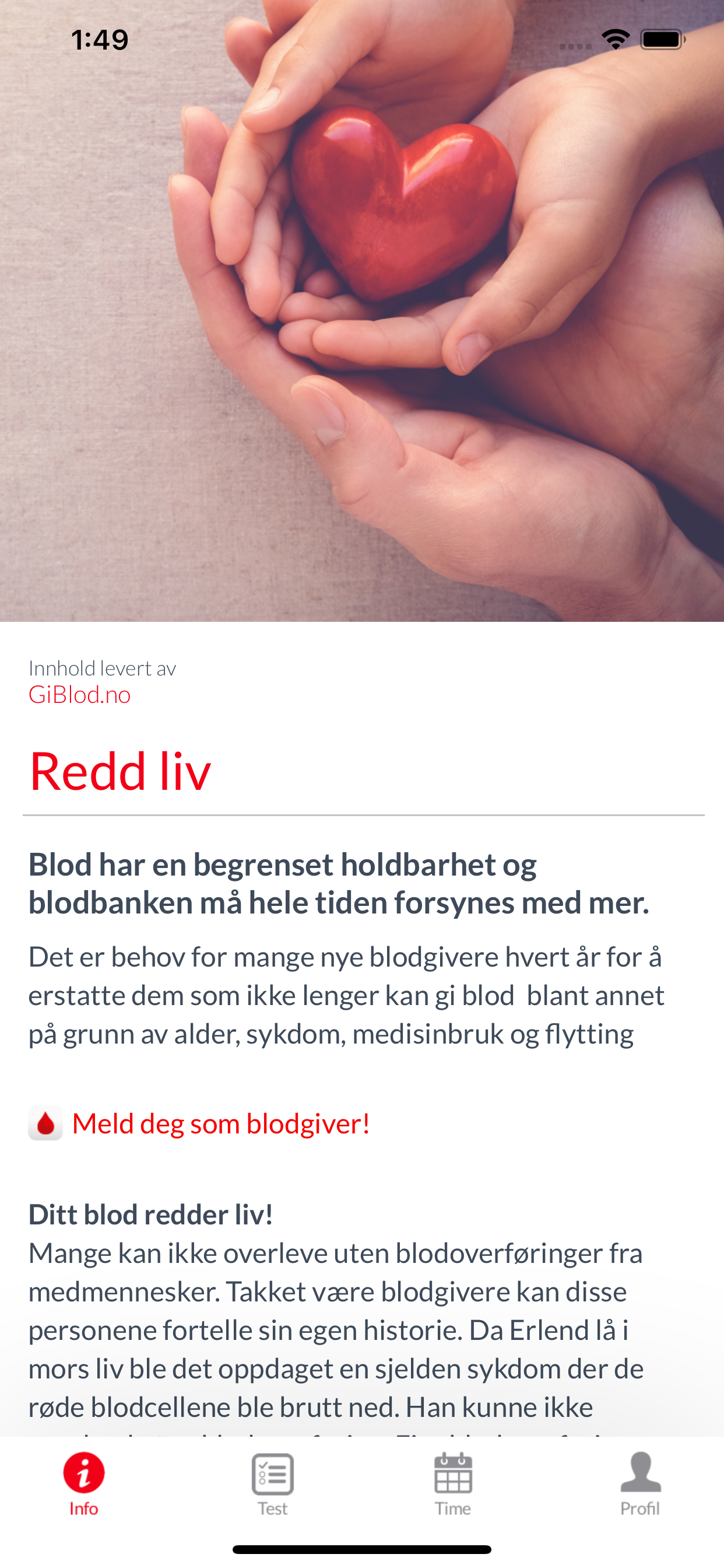 GiBlod-appen med informasjon og innganger til test, time og profil.
