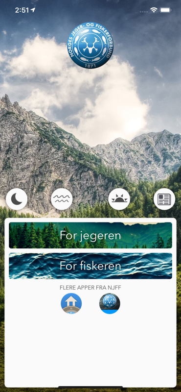 Forsiden i NJFF-appen med innganger for jegeren og fiskeren.