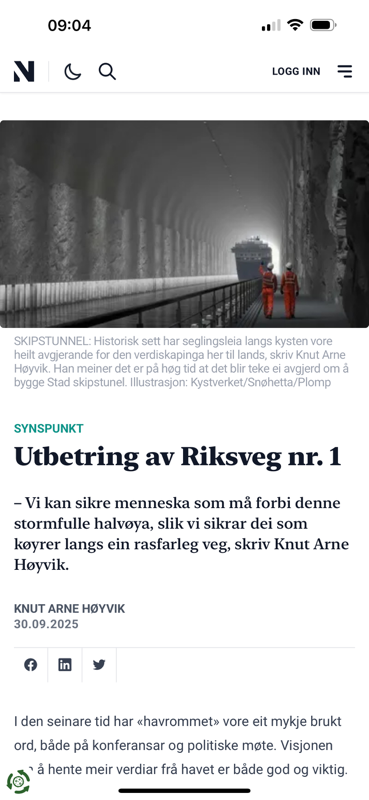 Artikkelvisning i nyhetsappen med søk, innlogging og lesemodus.